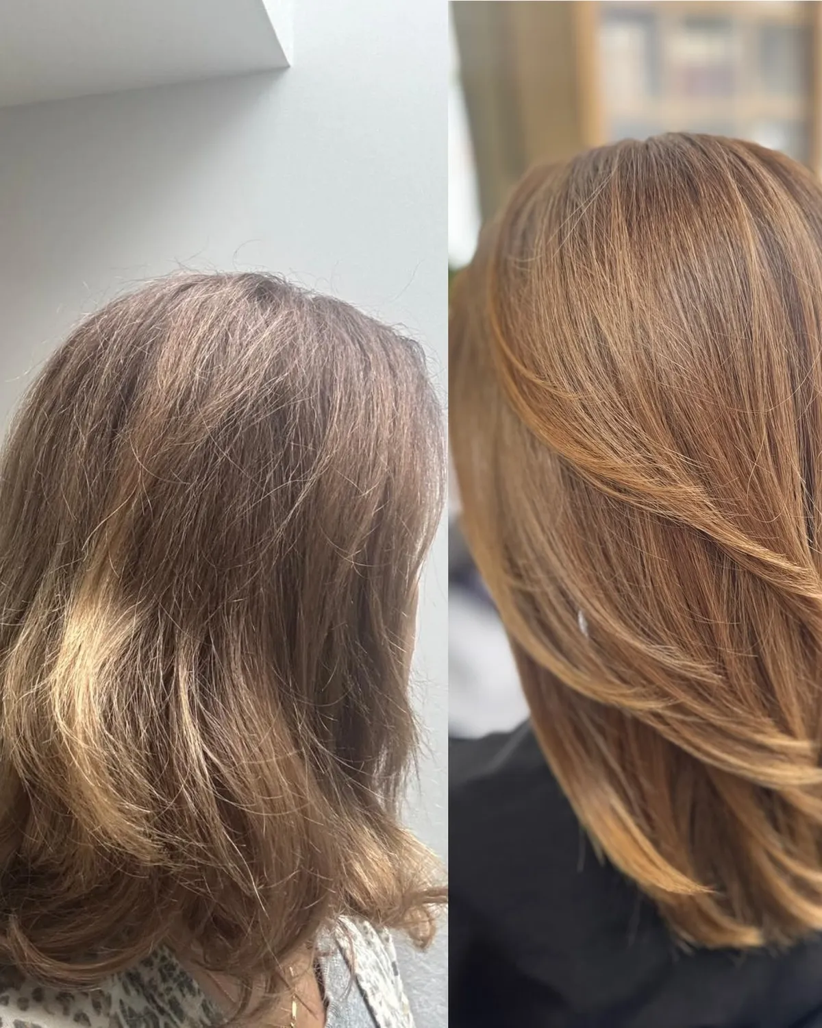 Comparación lado a lado: a la izquierda el cabello antes, apagado y con la raíz crecida; a la derecha, después del balayage, con brillo y capas marcadas.
